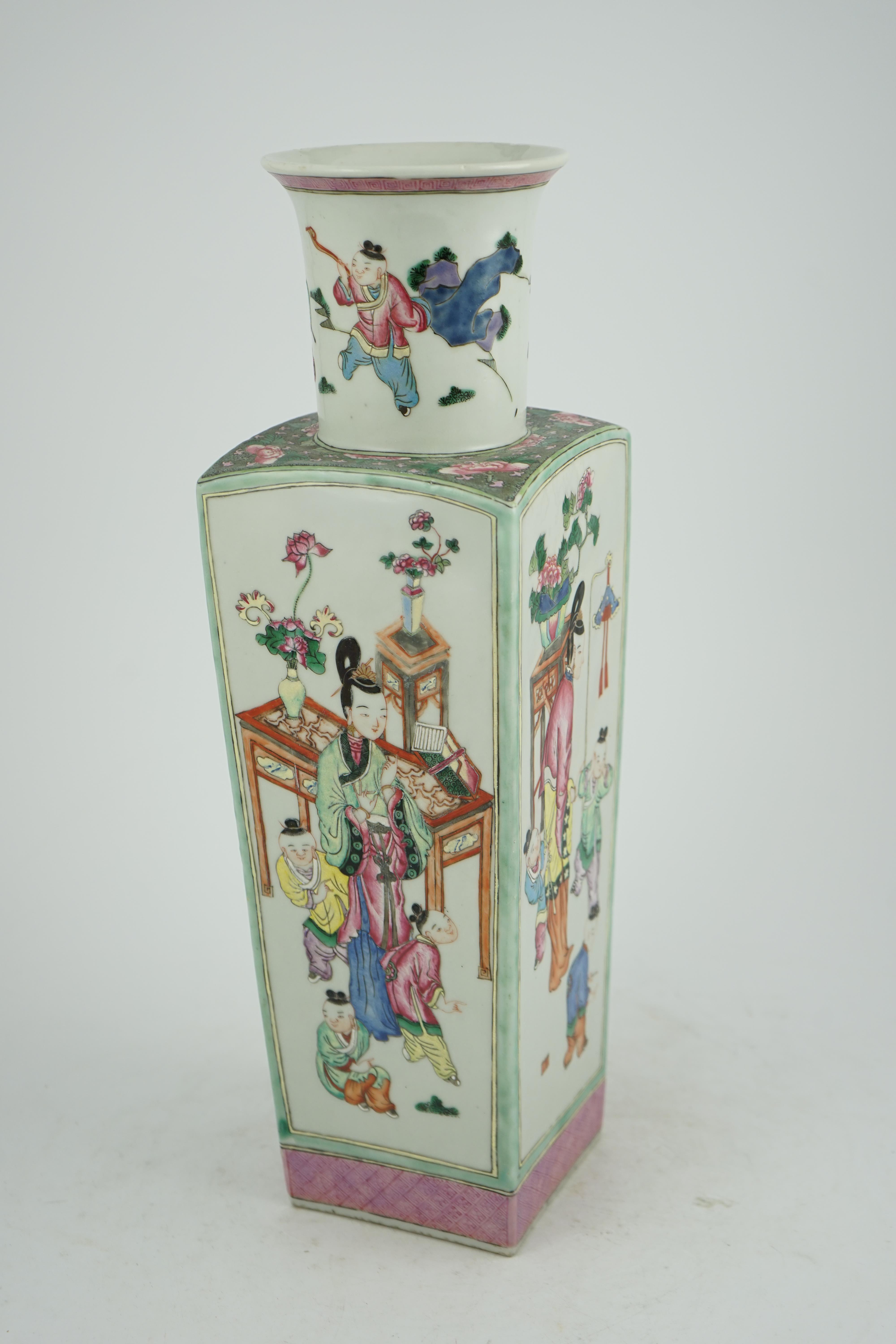 A tall Chinese famille rose square section vase, 19th century